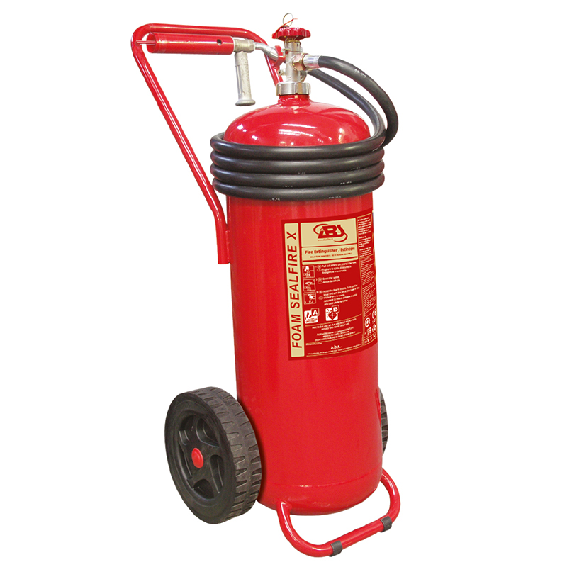 Extincteur à roulettes, mousse sans PFOS/PFOA, pression constante, avec tuyau, avertisseur sonore et buse, SOLAS/MED (EN, FR, ES, PT) image