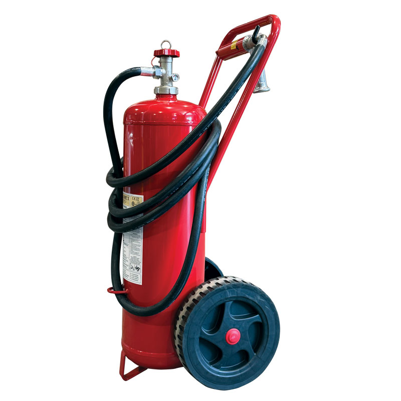 Extincteur à roulettes, sans PFOS/PFOA, 25 L, pression stockée, avec tuyau, avertisseur sonore et buse, SOLAS/MED (EN, FR, ES, PT) image